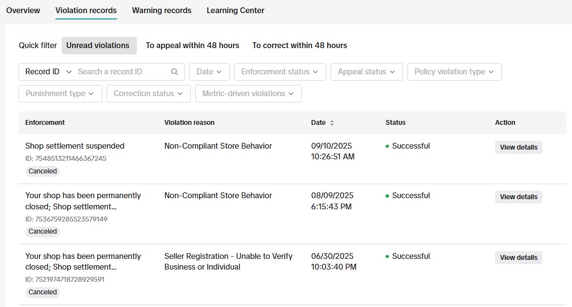 Non compliant Store Behavior Violation Reinstatement 